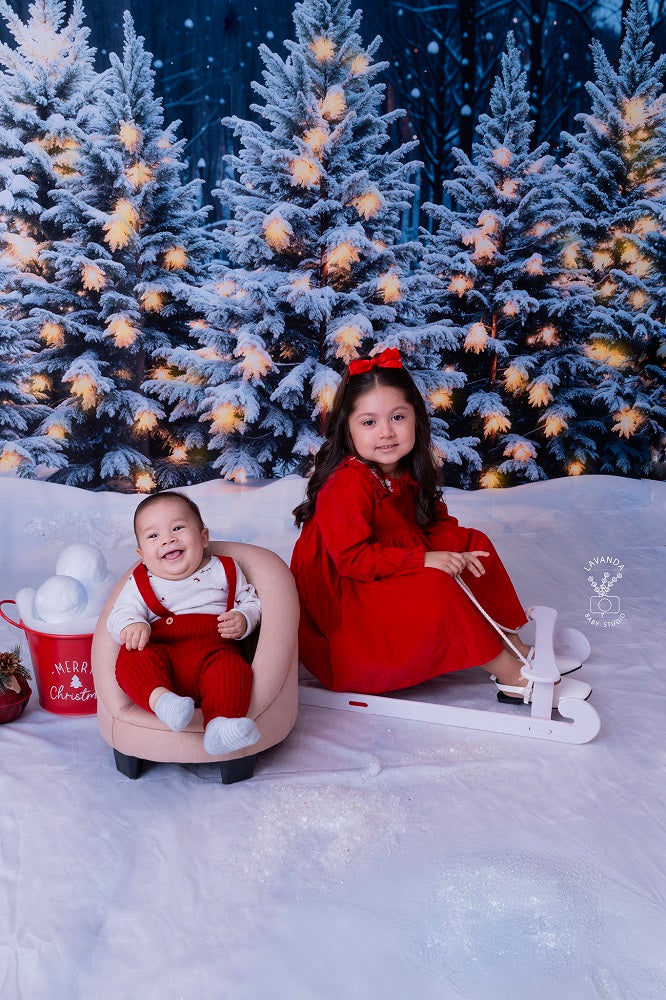 Set da camera invernale all'aperto con neve e foresta