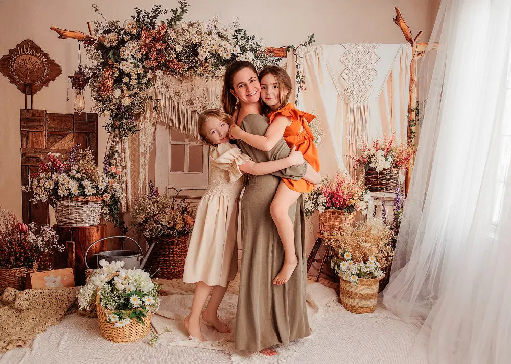 Kate Boho Flower Arch Macrame Wicker Baskets Neutral Printed Backdrop Designed by Emetselch