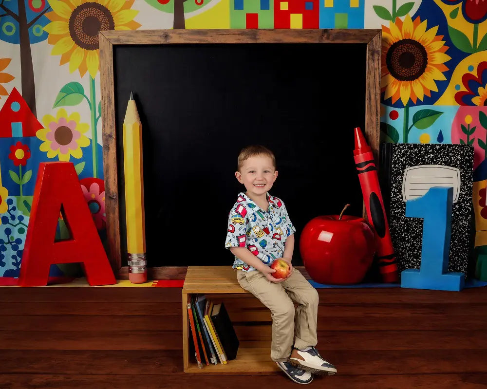 Kate Back to School Chalkboard Colorful Houses Sunflowers Printed Backdrop Designed by Mini MakeBelieve