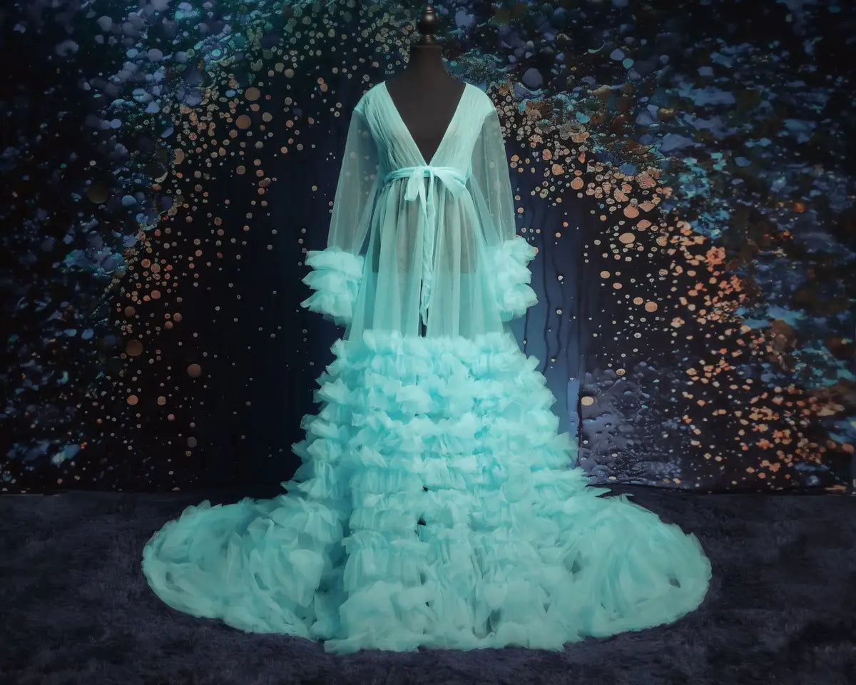 Kate Mesh V-neck Trailing Mid Sleeve Custom Maternity Photoshoot Gowns