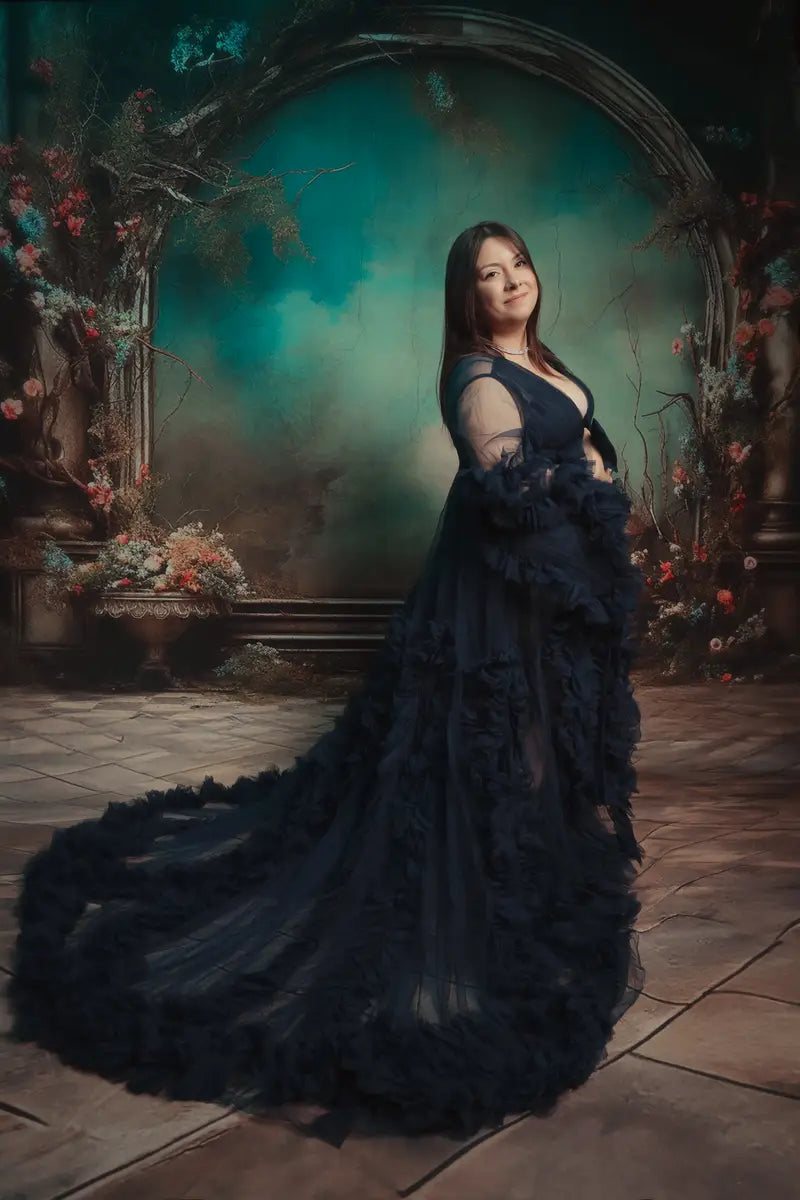 Kate Mesh V-neck Long Sleeve Pleated Custom Maternity Photoshoot Gowns