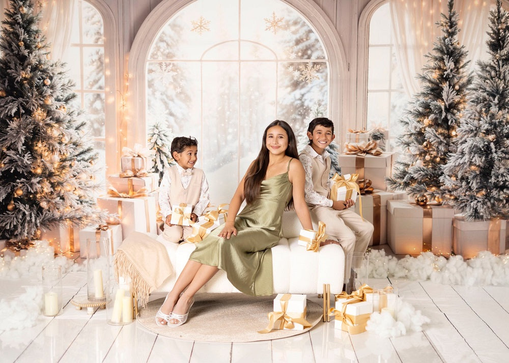 Kate White Arch Window With Christmas Tree Gifts Backdrop Designed by Emetselch