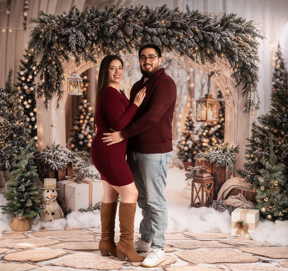 Kate Christmas Arch Garland Snow Trees Backdrop+Winter Cobblestone Snow Floor Backdrop