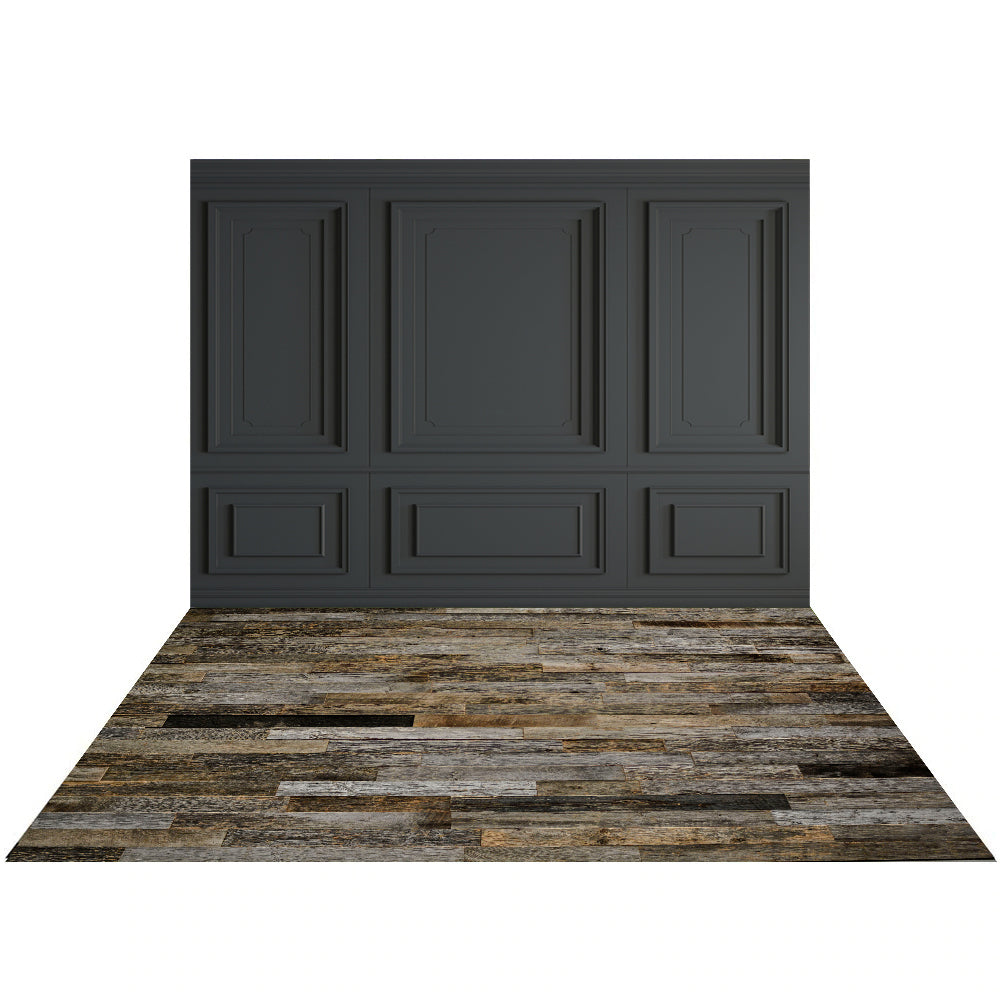 Kate Retro Wall Dark Gray Backdrop+Vintage Dark Wood Rubber Floor Mat