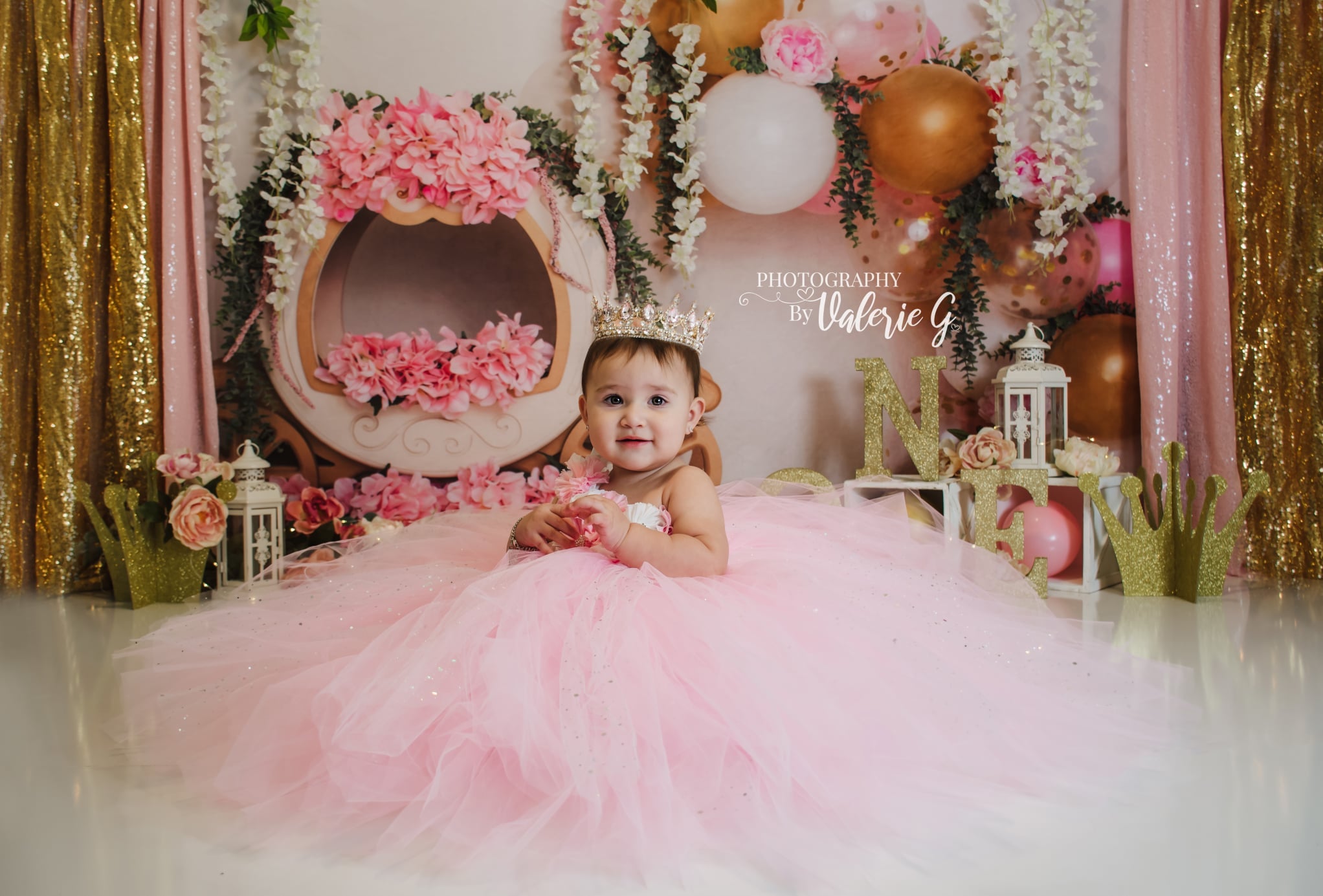 Kate Cake Smash Floral Balloon Carriage Backdrop Designed by Lisa B - Kate Backdrop