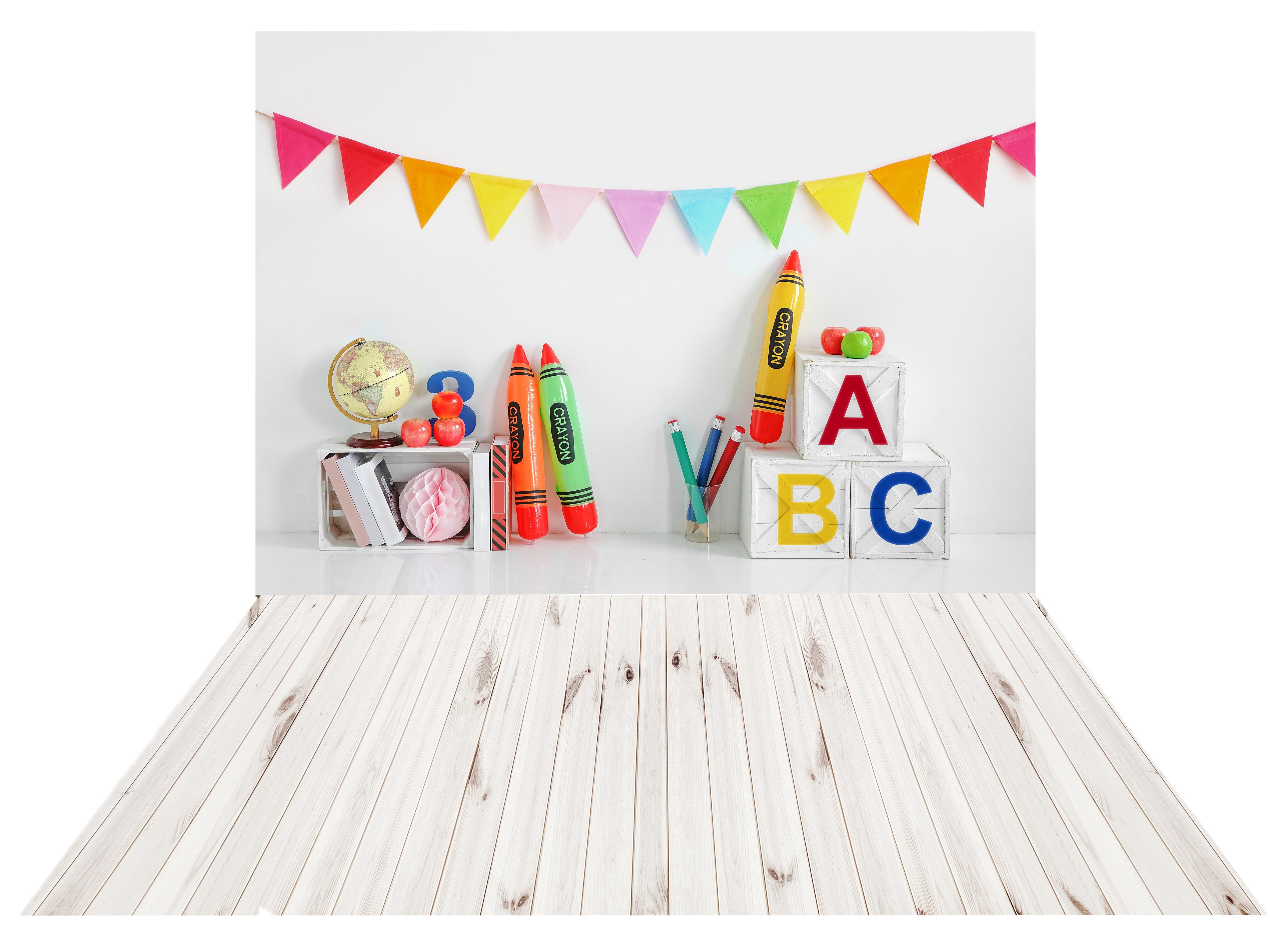 Kate Back to School Backdrop Crayon+White Retro Wooden Wall Rubber Floor Mat