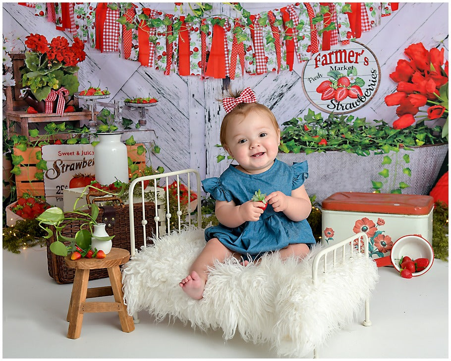 Kate Summer Strawberry White Wooden Board With Banners Backdrop - Kate Backdrop