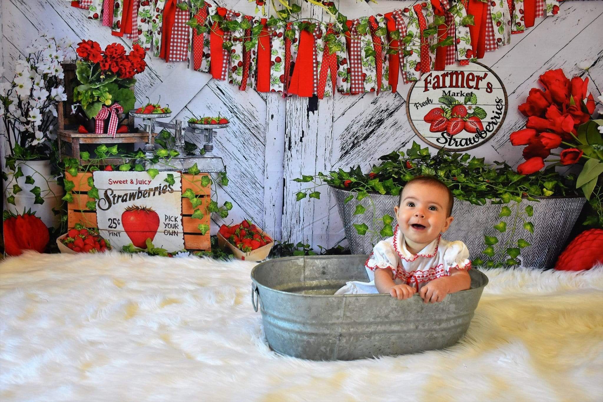 Katebackdrop鎷㈡綖Kate Summer Strawberry White Wooden Board With Banners Backdrop