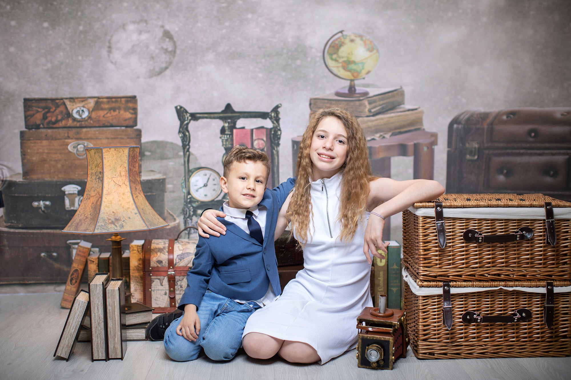 Kate Vintage Suitcase and Book Travel with me Backdrop for Children Designed By Ava Lee - Kate Backdrop
