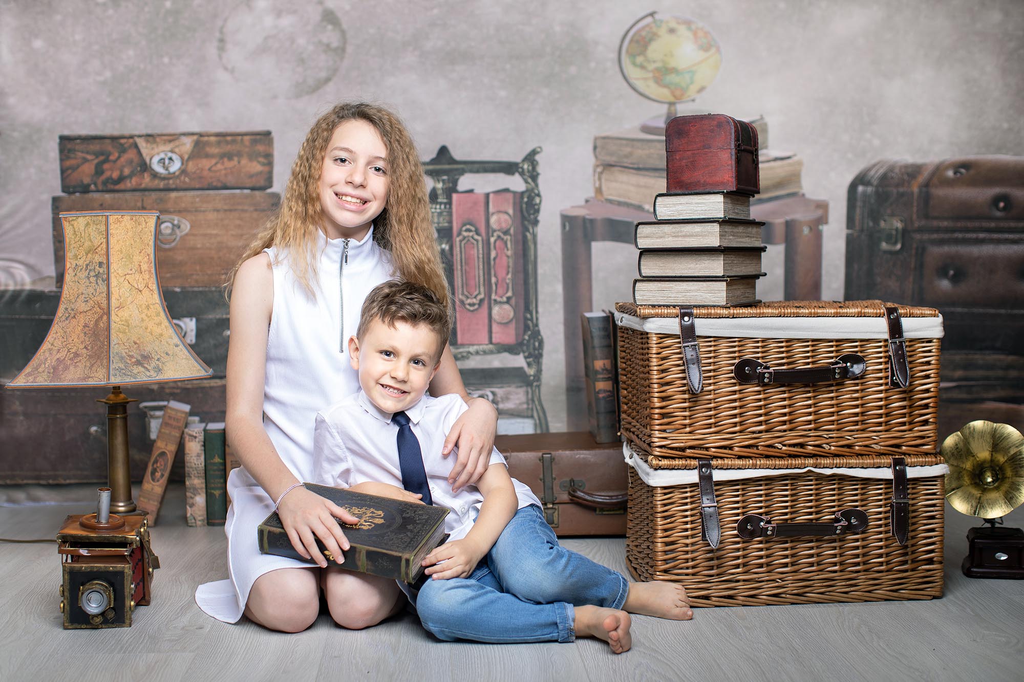 Kate Vintage Suitcase and Book Travel with me Backdrop for Children Designed By Ava Lee - Kate Backdrop