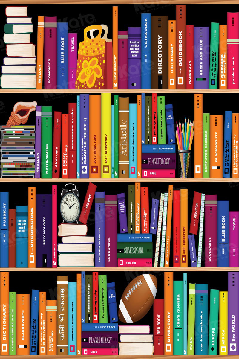 Kate Bookshelf Back to School/Graduation Backdrop Alarm Clock Colorful Books Photography children - Katebackdrop