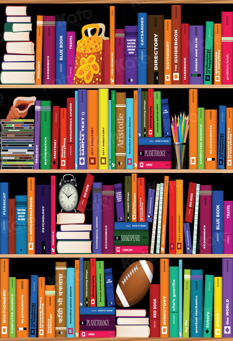 Kate Bookshelf Back to School/Graduation Backdrop Alarm Clock Colorful Books Photography children - Katebackdrop