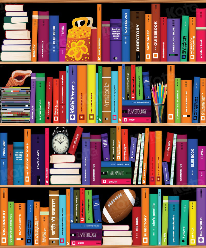 Kate Bookshelf Back to School/Graduation Backdrop Alarm Clock Colorful Books Photography children - Katebackdrop