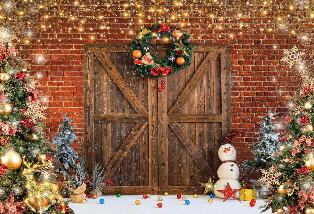 Kate Christmas Barn Door Brick Snowman Backdrop for Photography - Kate Backdrop