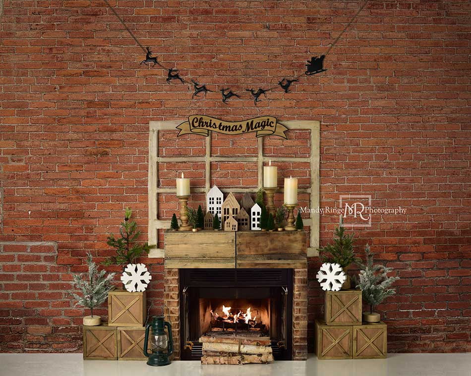 Kate Christmas Magic Red Brick Fireplace Backdrop Designed by Mandy Ringe Photography - Kate Backdrop