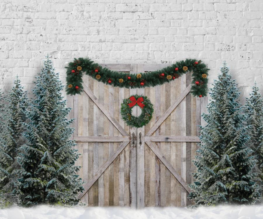 Kate Christmas Retro Barn Door Snow Winter Backdrop for Photography - Kate Backdrop