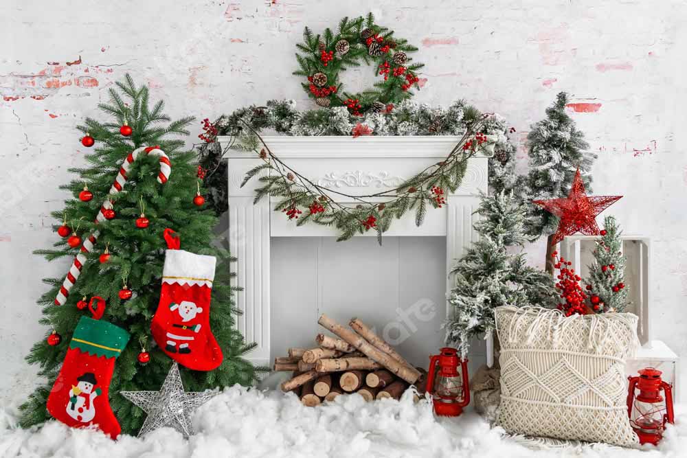 Kate Christmas Tree Brick Fireplace Backdrop Designed by Emetselch - Kate Backdrop