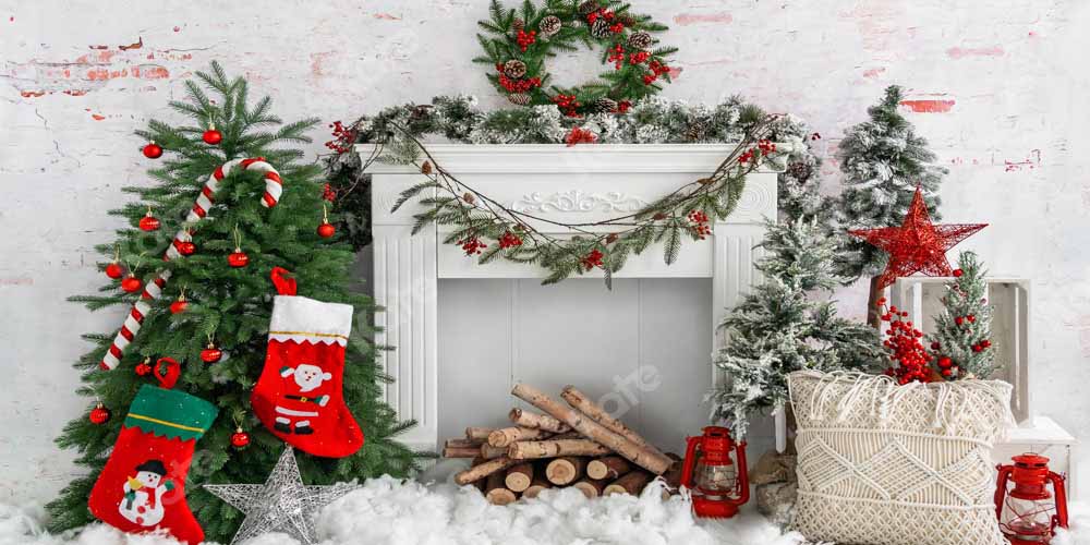 Kate Christmas Tree Brick Fireplace Backdrop Designed by Emetselch - Kate Backdrop