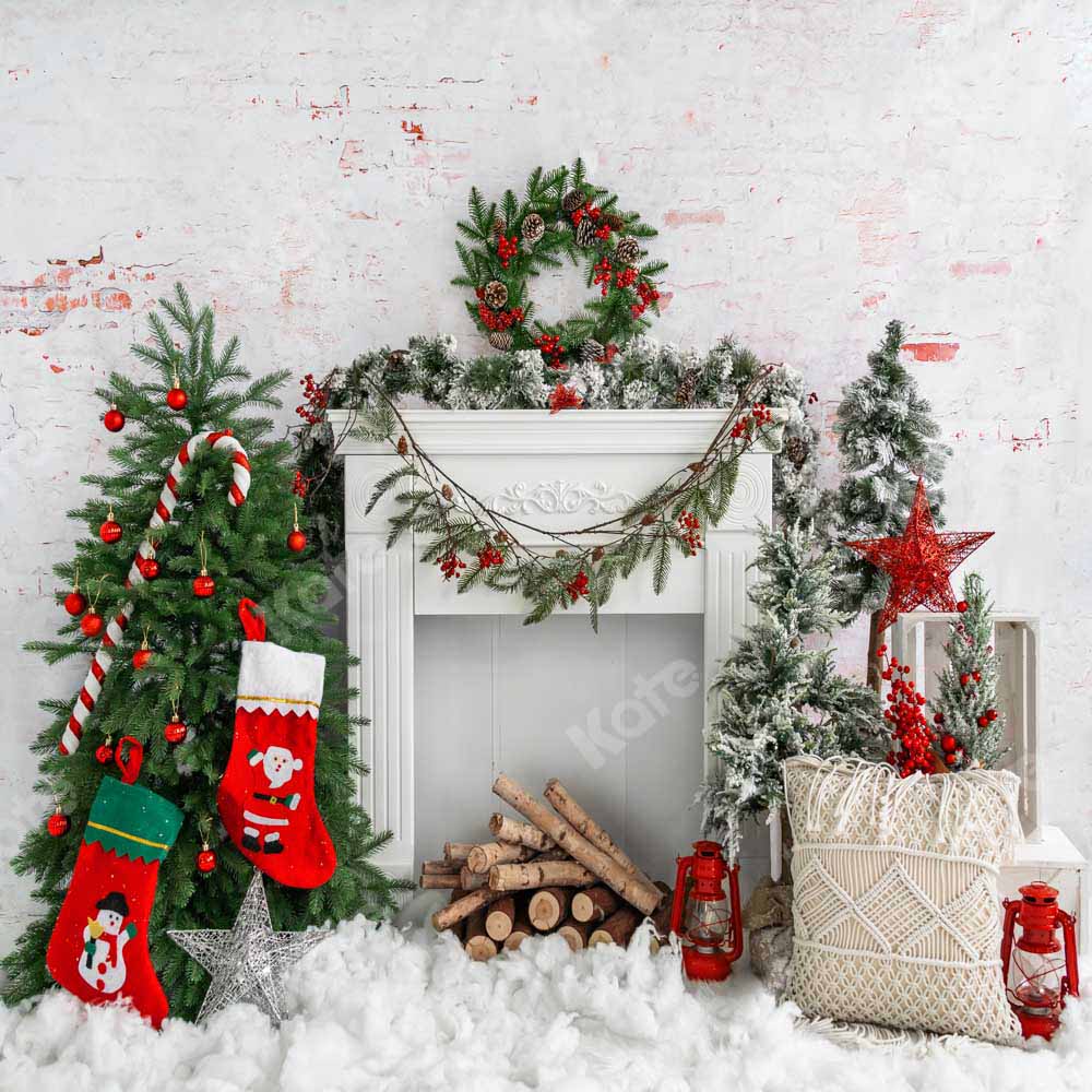 Kate Christmas Tree Brick Fireplace Backdrop Designed by Emetselch - Kate Backdrop