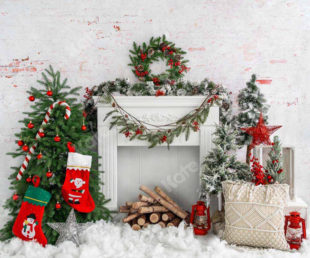 Kate Christmas Tree Brick Fireplace Backdrop Designed by Emetselch - Kate Backdrop