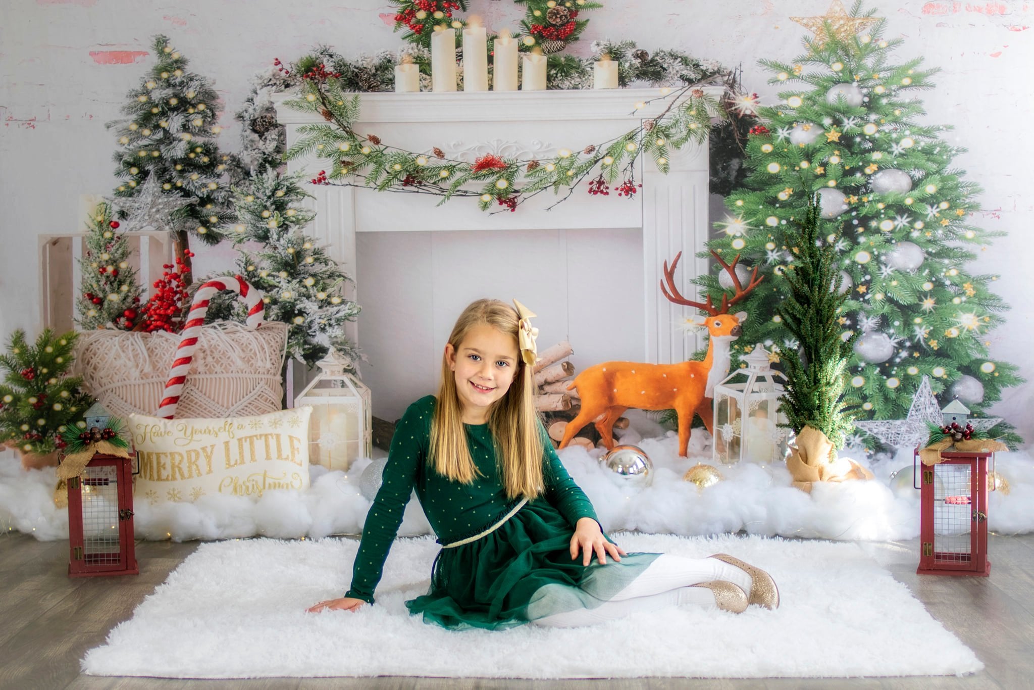 Kate Christmas Tree Elk Brick Fireplace Backdrop Designed by Emetselch - Kate Backdrop