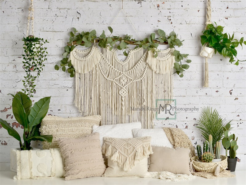 Kate Boho Macrame Floor Pillows with Plants Spring/mother's Day Backdrop Designed By Mandy Ringe Photography - Kate Backdrop