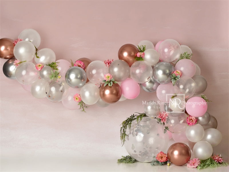 Kate Pink White and Rose Gold Floral Balloon Arch Backdrop Designed by Mandy Ringe Photography - Kate Backdrop