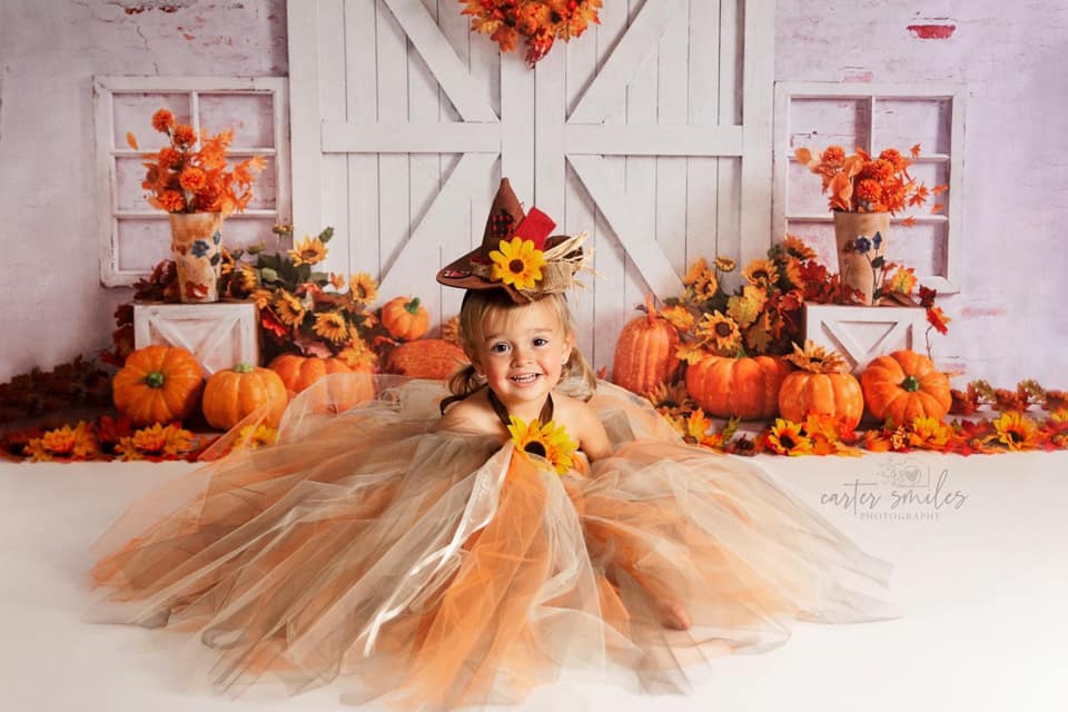 Kate Fall Pumpkin Backdrop White Barn Door Fallen Leaves Designed by Emetselch - Kate Backdrop