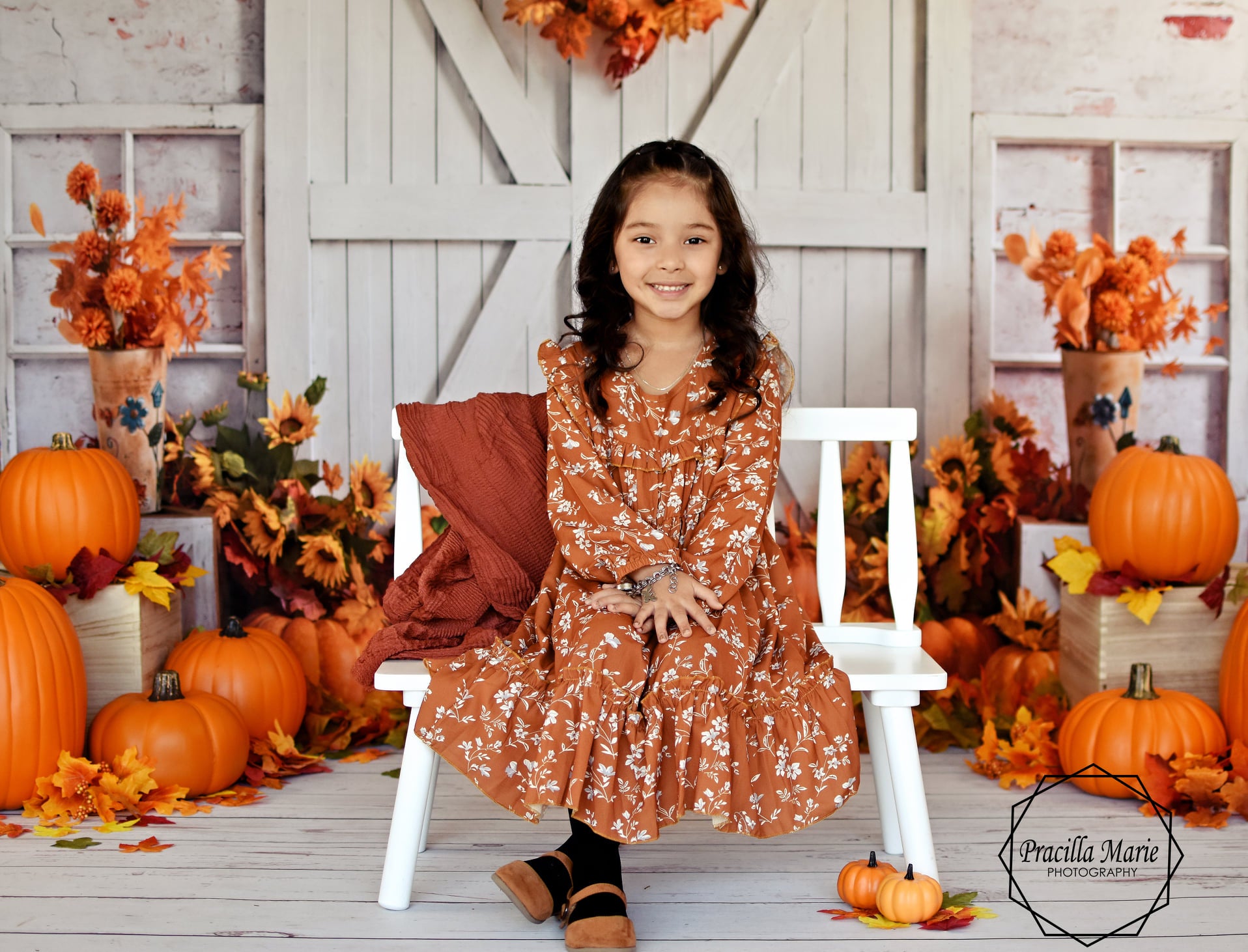 Kate Fall Pumpkin Backdrop White Barn Door Fallen Leaves Designed by Emetselch - Kate Backdrop