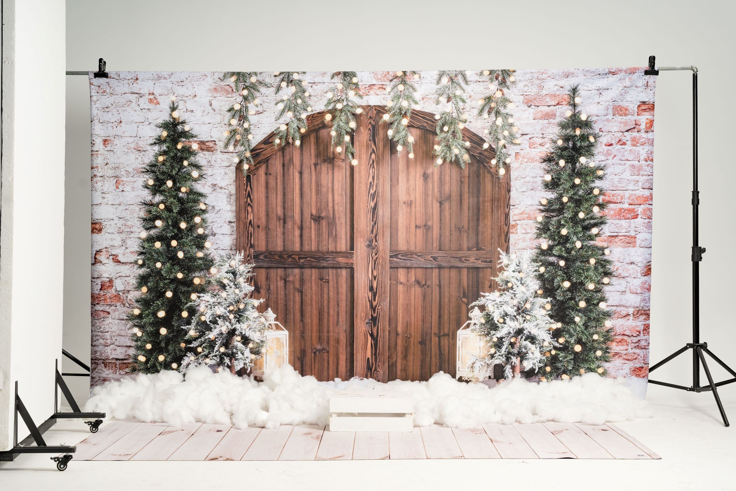Kate Christmas Backdrop Winter Brick Wall Barn Door Designed by Emetselch - Kate Backdrop