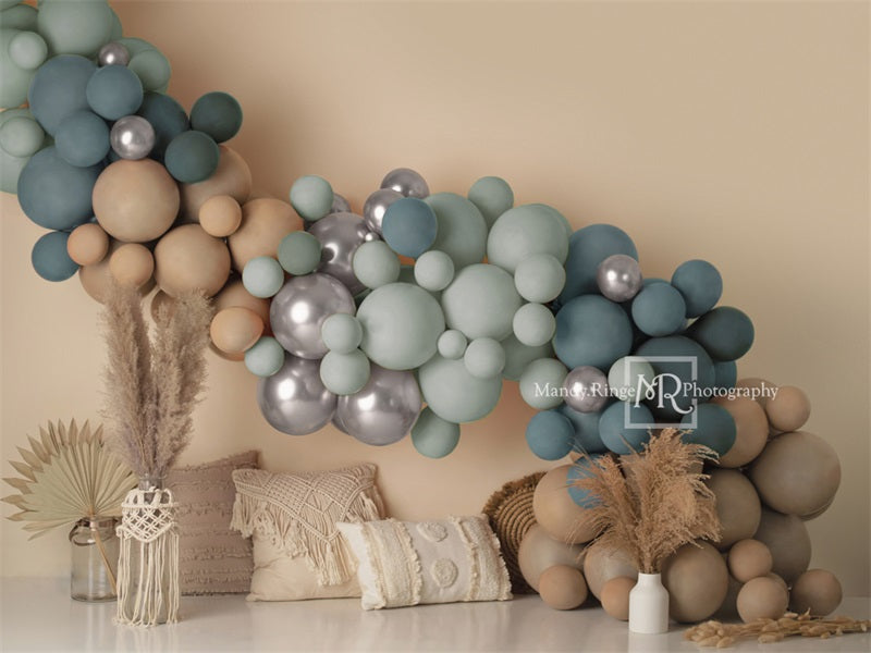 Kate Matte Boho Balloons Backdrop Blue Macrame Pillows Designed by Mandy Ringe Photography
