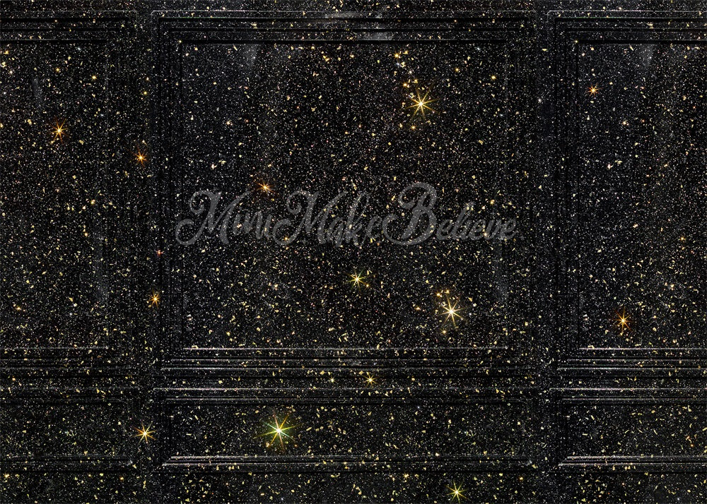 Kate Gold Glitter Wall Backdrop Black Stars New Years Wedding Designed by Mini MakeBelieve