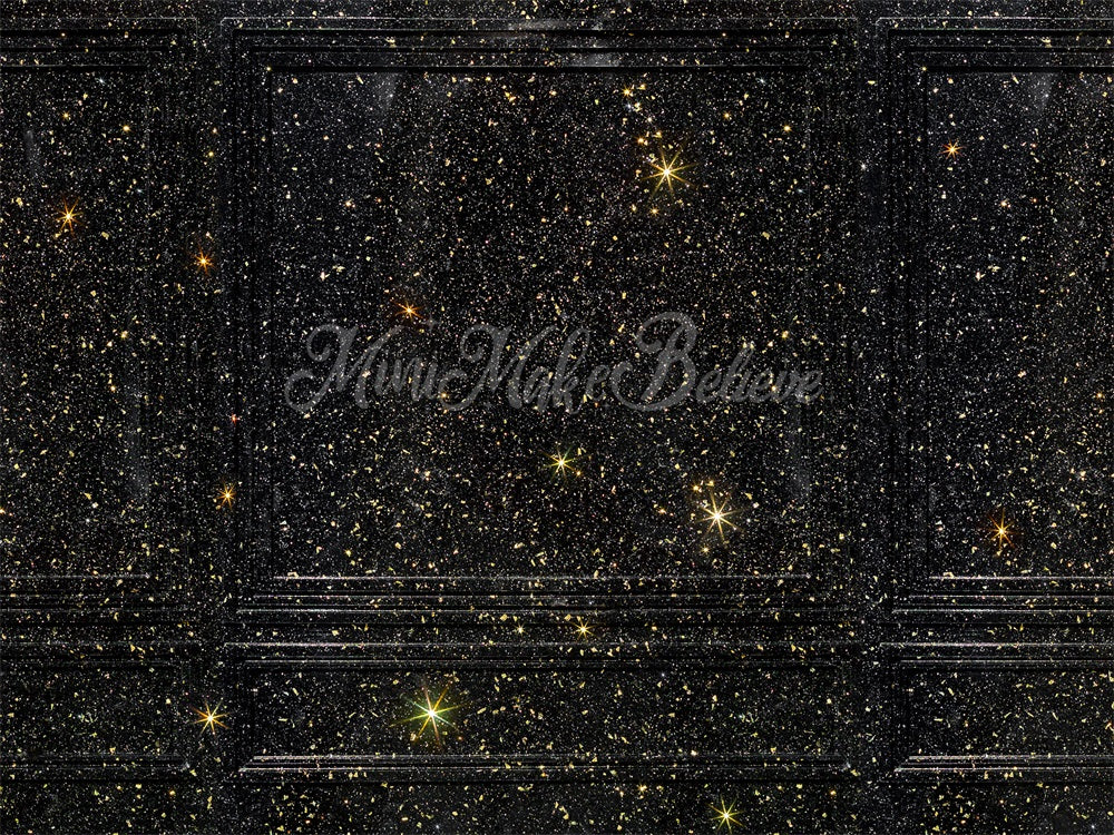 Kate Gold Glitter Wall Backdrop Black Stars New Years Wedding Designed by Mini MakeBelieve