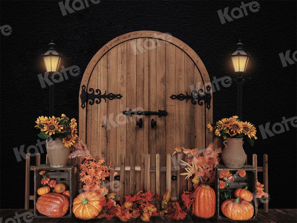 Herfst Achtergrond Pompoenen Schuur Deur Avond voor Fotografie