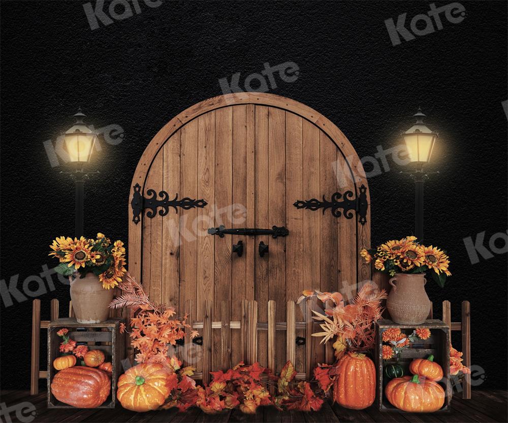 Herfst Achtergrond Pompoenen Schuur Deur Avond voor Fotografie