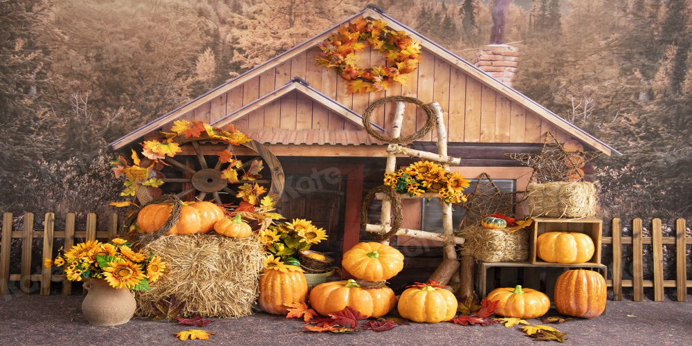 Kate Autumn Backdrop Pumpkins Forest House for Photography