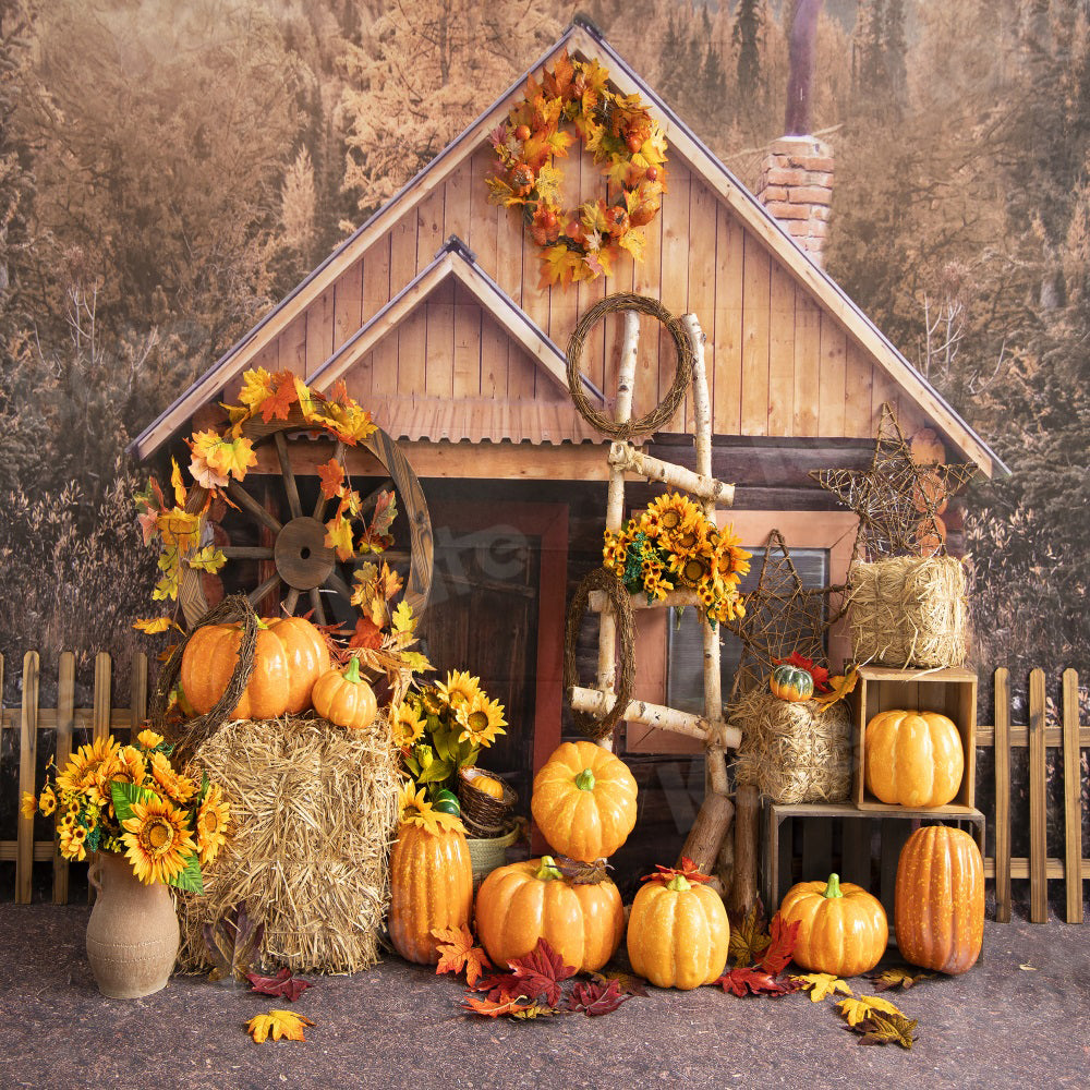 Kate Autumn Backdrop Pumpkins Forest House for Photography