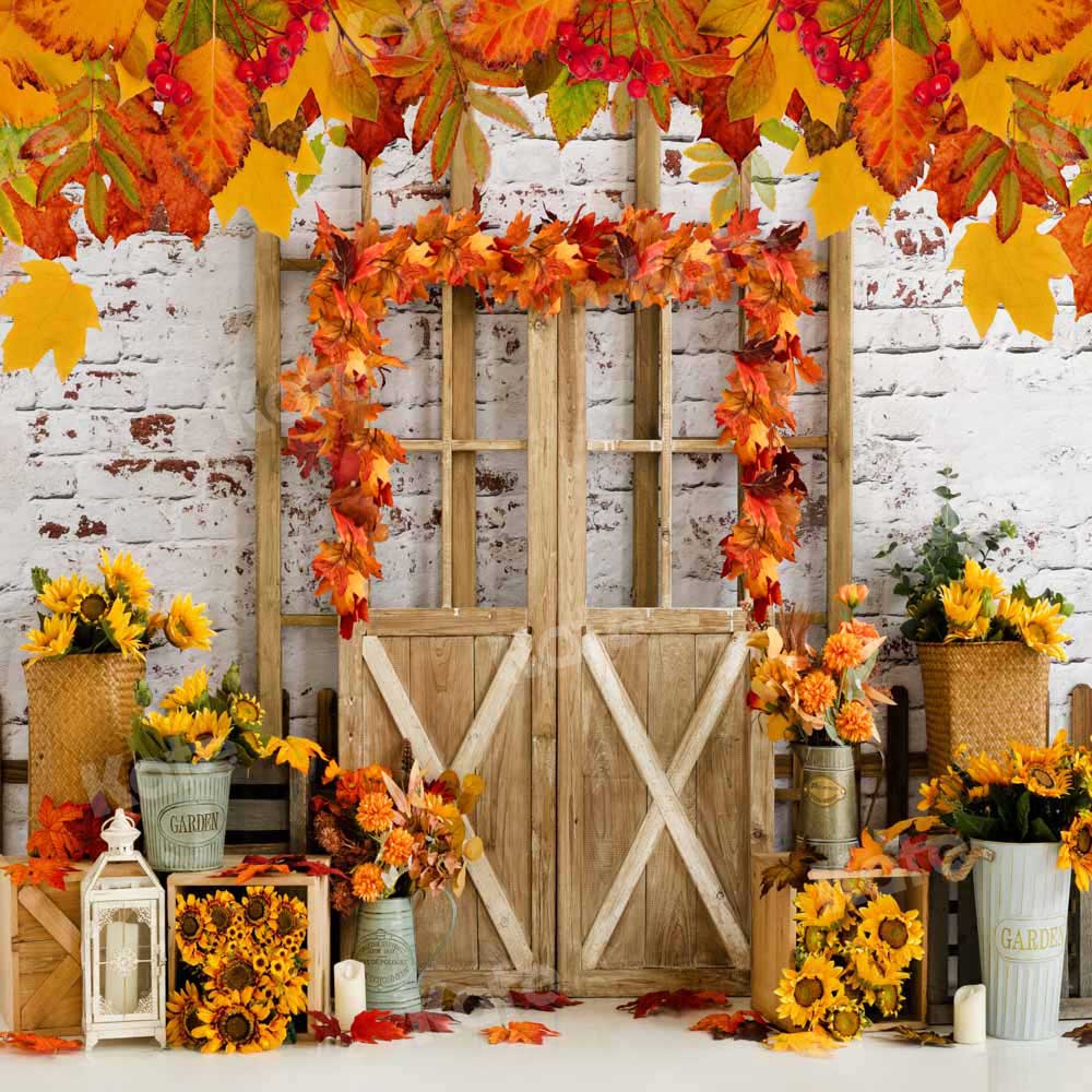 Kate Autumn Backdrop Maple Leaves Wood Door Designed by Emetselch