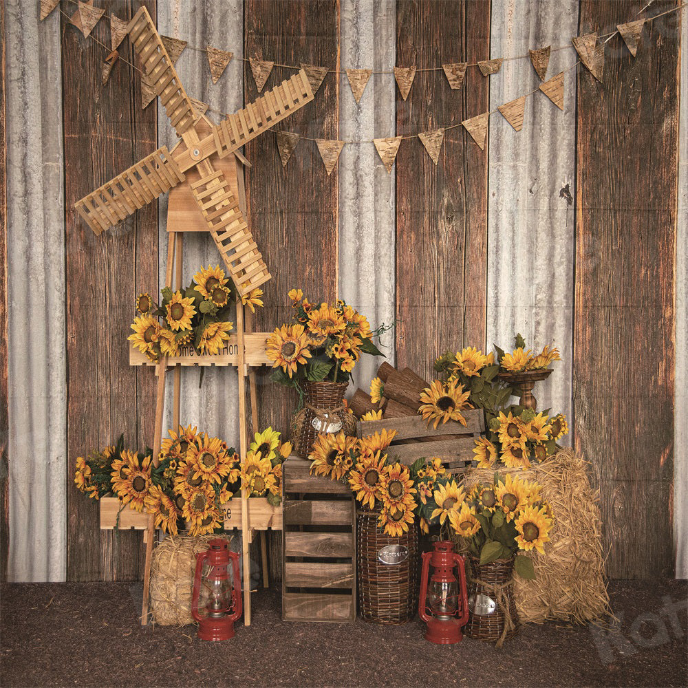 Kate Autumn Backdrop Sunflower Wood Grain for Photography