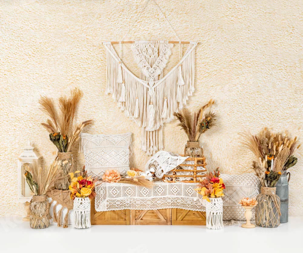 Herfstachtergrond met boho-textuur muurkussen Ontworpen door Emetselch