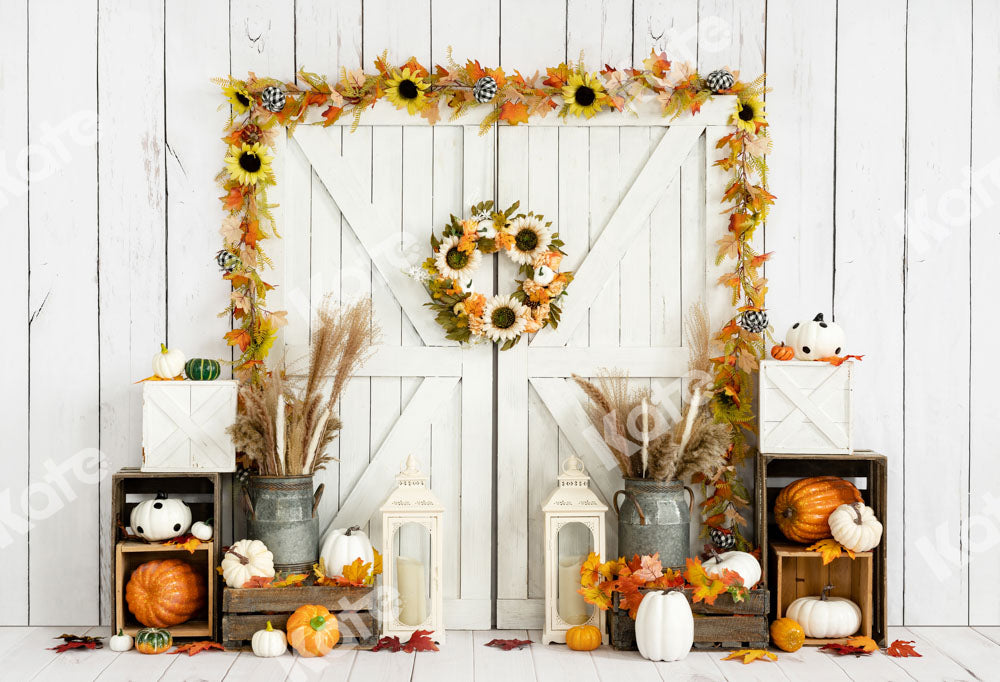 Kate Autumn Backdrop Barn Door White Wood Pumpkins Designed by Emetselch