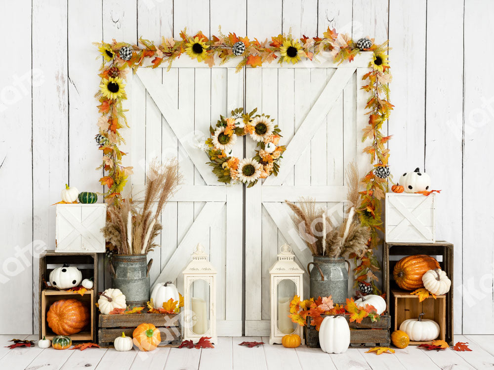 Kate Autumn Backdrop Barn Door White Wood Pumpkins Designed by Emetselch