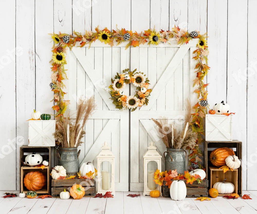 Kate Autumn Backdrop Barn Door White Wood Pumpkins Designed by Emetselch