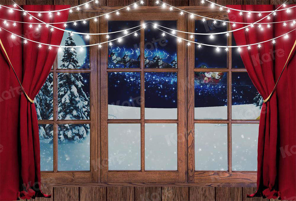 Telón de fondo de Navidad con nieve fuera de la ventana para fotografía