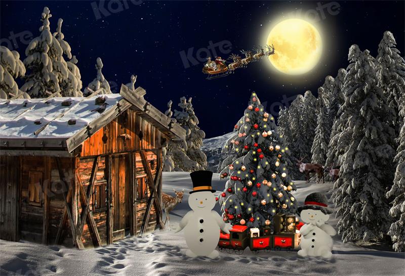 Kate Christmas Backdrop Outdoor Wooden House Tree Snowman for Photography
