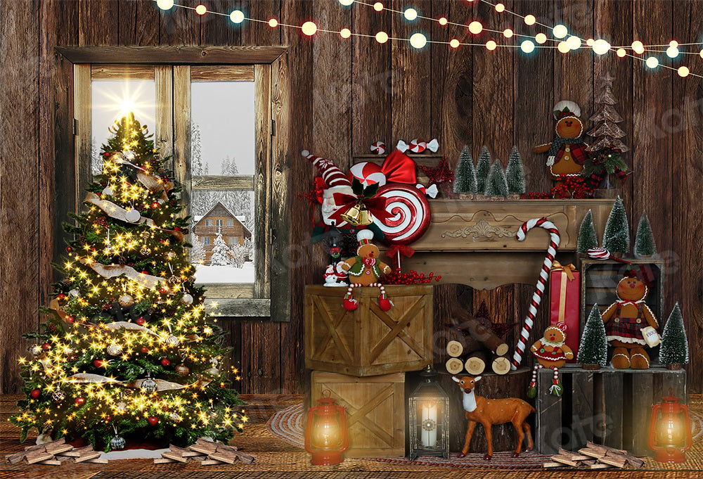 Fondo de Navidad Retro de Pan de Jengibre y Árbol de Navidad de Madera para Fotografía