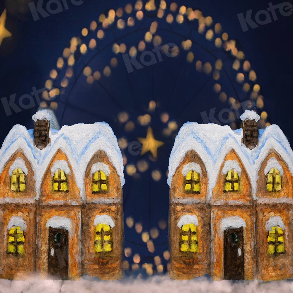 Kerstachtergrond met vuurwerksterrenhuis sneeuw voor fotografie