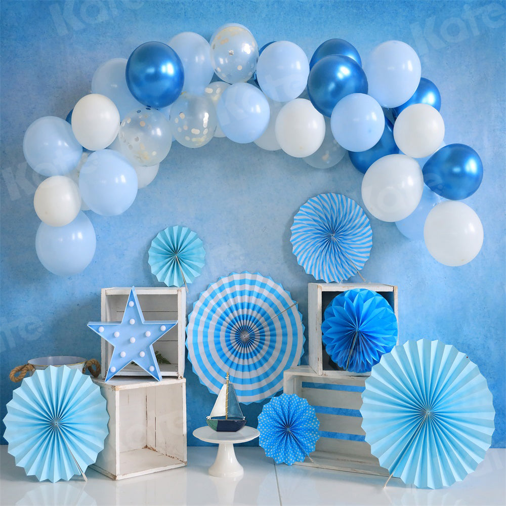 Kate Birthday Backdrop Blue Balloons Fireworks for Photography