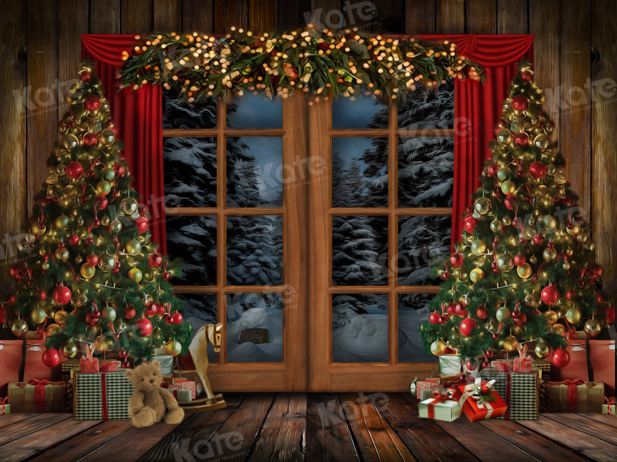 Kerstachtergrond raam met vintage houten boom voor fotografie