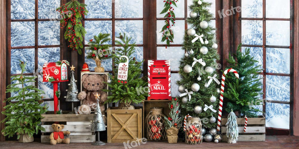 Kate Christmas Printed Backdrop Gifts Window Teddy Bear Designed by Emetselch